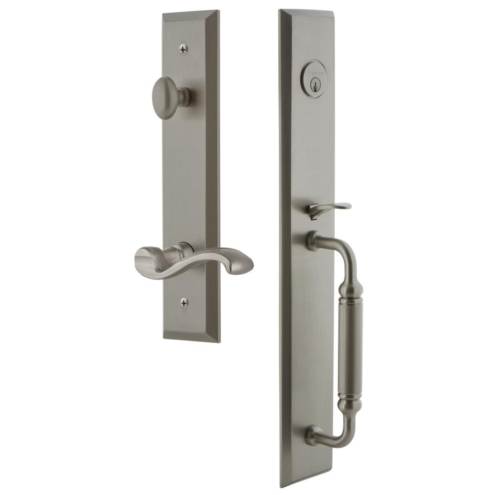 Grandeur by Nostalgic Warehouse FAVCGRPRT Fifth Avenue One-Piece Handleset with C Grip and Portofino Lever in Satin Nickel